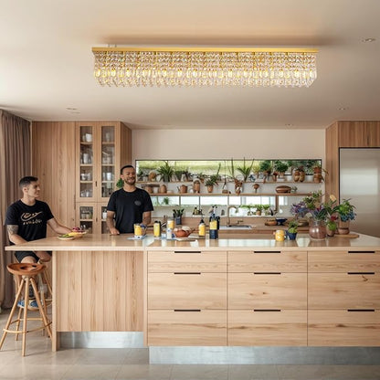 Siljoy 13-Light Modern Crystal Chandelier, Large Rectangular Gold K9 Crystal Raindrop Chandelier, Dimmable Flush Mount Crystal Ceiling Light for Dining Room Living Room Kitchen Island L59''