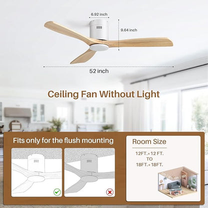 CACI Mall 52 Inch Smart Ceiling Fan without Light, Flush Mount, 3 Blades Solid Wood, Low Profile, Modern, Outdoor/Indoor Ceiling Fans No Light for Bedroom/Farmhouse/Patio