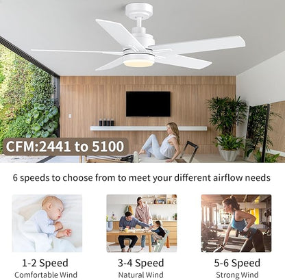 YUHAO 48 Inch White Ceiling Fan with Light and Remote Control.Noiseless,Dimmable, 3CCT,6 Speeds Reversible, Modern DC Ceiling Fans for Indoor or Covered Outdoor Use,ETL Listed