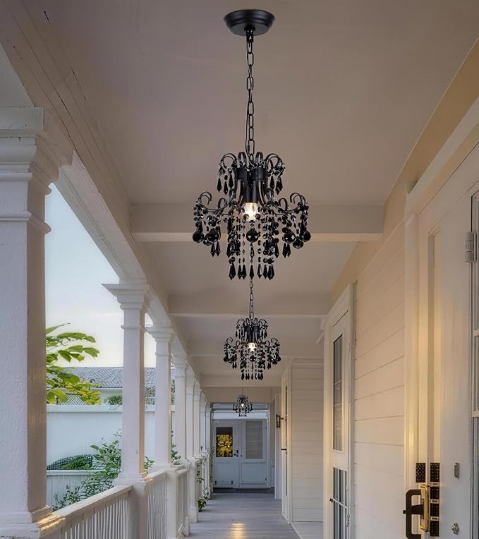 Q&S Mini Crystal Chandelier, Modern Black Small Chandelier 1-Light Crystal Pendant Light Fixture for Princess House Nursery Girls Hallway Entryway Bedroom Foyer Bathroom Kitchen W11.8 UL Listed
