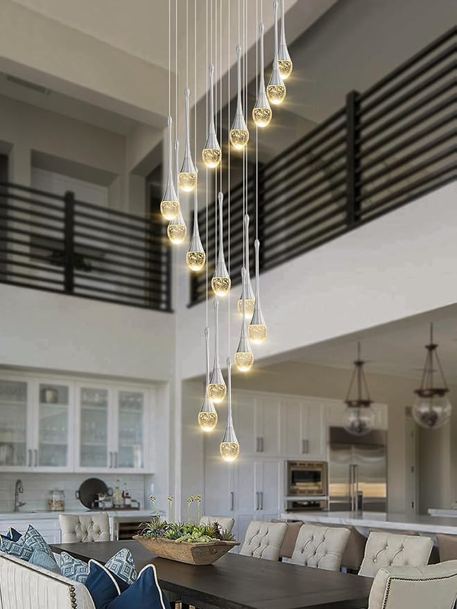 ykolupty Modern Crystal Chandeliers LED Dimmable Stairwell Chandelier Silver Teardrop Chandelier Large Pendant Light for Entryway Foyer Living Room
