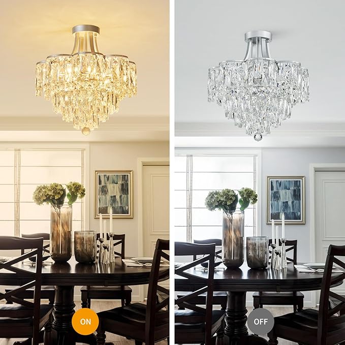 WUZUPS Crystal Chandelier Semi-Flushmount Ceiling Light Modern Lighting Fixture for Bedroom Hallway Entry Kitchen Bathroom, H 19.3" x W 18.3", E12 Base, Silver