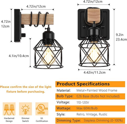 FadimiKoo Dimmable Wall Sconces Set of Two, Bedside Wall Mounted Lamp with Rotary Switch, Wooden Black Bathroom Light Fixtures with Metal Cage, Hardwired Farmhouse Wall Lights for Bedroom, Living Room