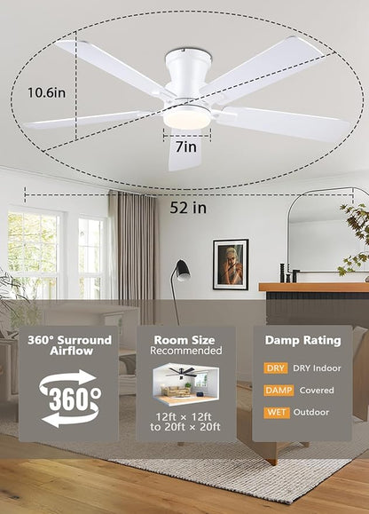 JSAITEE 52Inch Ceiling Fan with Lights and Remotes, Modern Low Profile Flush Mount Ceiling Fans,DC Reversible Motor, 3CCT Dimmable,Noiseless,Dual Finish, White 6 Speeds Ceiling Fan for Indoor/Outdoor