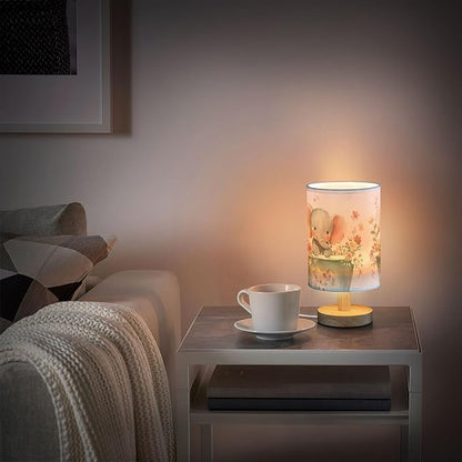 Cute Elephant Pink Floral in Tub Table Lamp with Wood Base Fabric Lamp Shade Bedside Nightstand Desk Lamp for Living Room Bedroom Kids Room Office