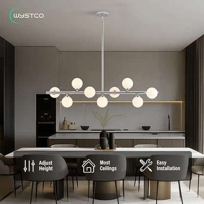 Mid Century Modern Glass Globe Sputnik Chandelier, 9-Light Linear Chandeliers for Dining Room, Kitchen Island, Living, Dining Light Fixture Over Table, Chrome and Milk White Bubble, 40 Inch