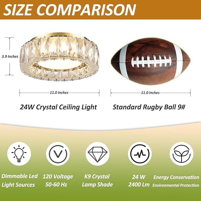 Gold Luxury Crystal Flush Mount Ceiling Lighting Fixture,11 Inch Small Dimmable LED Chandelier,5CCT 3000K-6000K 24W Modern Round Close to Ceiling Light for Hallway,Kitchen,Bedroom,Laundry Room