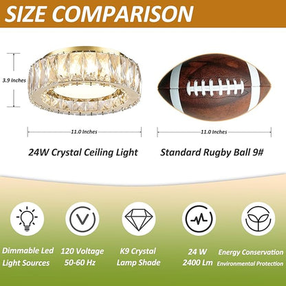 Gold Luxury Crystal Flush Mount Ceiling Lighting Fixture,11 Inch Small Dimmable LED Chandelier,5CCT 3000K-6000K 24W Modern Round Close to Ceiling Light for Hallway,Kitchen,Bedroom,Laundry Room