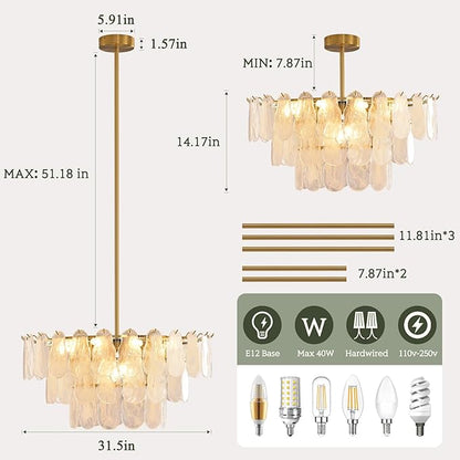 KELUOLY Modern Large Gold Chandeliers, D31.4 Inch Creative Cloud Glass Pendant Ceiling Fixture Lamp, 3 Tier Round Crystal Glass Chandelier, 12-Light for Living Room Bedroom Dining Room Entryway (E12)