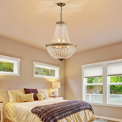 6 Lights French Empire Crystal Chandelier Farmhouse Pendant Lighting, Antique Brass Ceiling Light Fixture for Dining Room Bedroom Foyer Living Room, W18.5 x H25.6