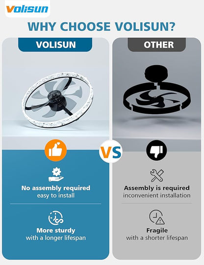 VOLISUN Low Profile Ceiling Fan with Lights and Remote, 24in Modern Ceiling Fans Flush Mount, 3000K-6500K Dimmable Bladeless LED Fan Light, Black Fandelier Ceiling Fans with Lights for Bedroom