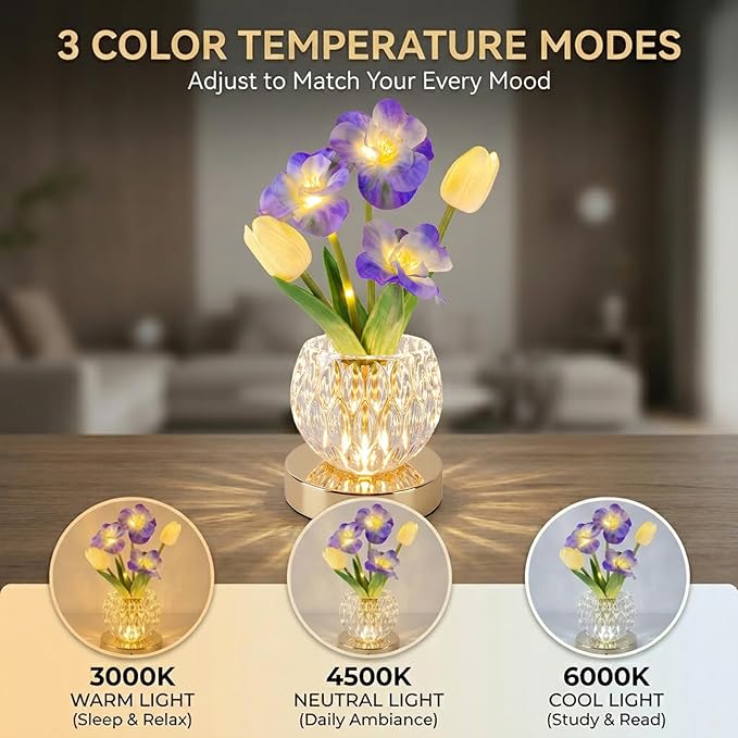 Flower Table Lamp, 3 Colors Touch Dimming Tulip Night Light, Rechargeable Artificial Flower Light, LED Flower with Vase Lamp Romantic Decor for Date Party Home (Blue-Sakura)