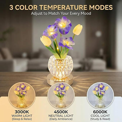 Flower Table Lamp, 3 Colors Touch Dimming Tulip Night Light, Rechargeable Artificial Flower Light, LED Flower with Vase Lamp Romantic Decor for Date Party Home (Blue-Sakura)