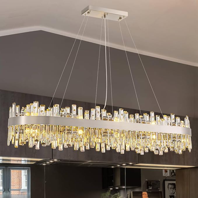 Siljoy L52'' Large Rectangular Crystal Chandelier for Dining Room, 20-Light Modern 2-Tiers K9 Crystal Raindrop Chandelier, Adjustable Height Crystal Ceiling Light for Living Room Kitchen Island