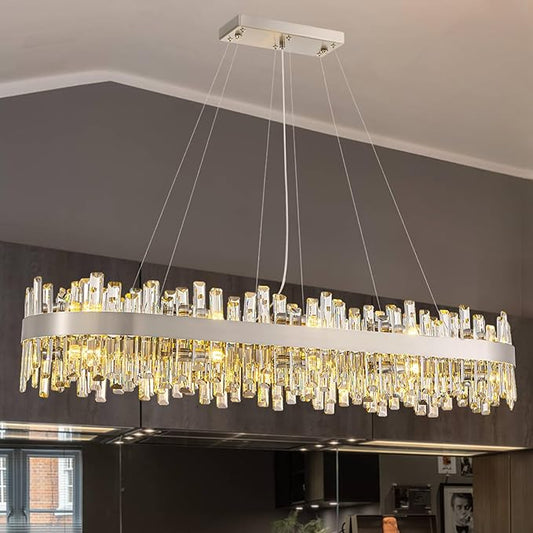 Siljoy L52'' Large Rectangular Crystal Chandelier for Dining Room, 20-Light Modern 2-Tiers K9 Crystal Raindrop Chandelier, Adjustable Height Crystal Ceiling Light for Living Room Kitchen Island
