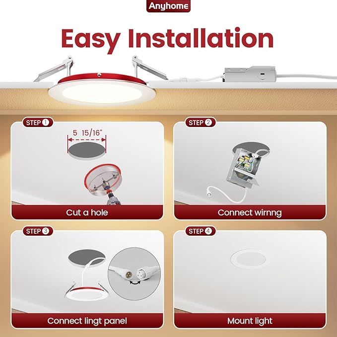 12 Pack 6 Inch Fire Rated Led Recessed Light with Junction Box, 2 Hour Fire Rating,5CCT Selectable Led Ultra Thin Recessed Lighting,12W 1000LM CRI90,Dimmable Led Wafer Light,ETL& ES