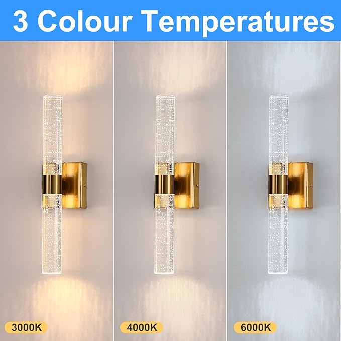 DORESshop Modern Wall Sconces Set of Two, 3CCT Crystal Bathroom Sconces Wall Light, Gold Vanity Light Fixture, Sconce Wall Decor Set of 2, Wall Lights for Bedroom, Living Room, Hallway 18in