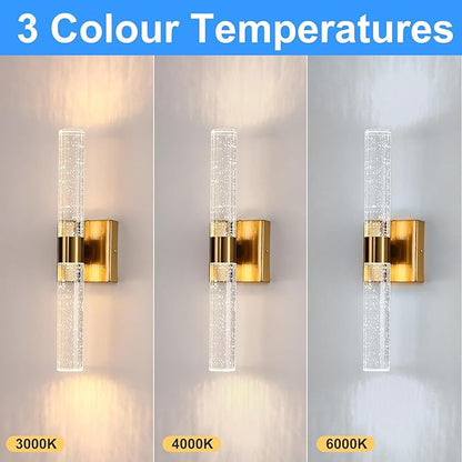 DORESshop Modern Wall Sconces Set of Two, 3CCT Crystal Bathroom Sconces Wall Light, Gold Vanity Light Fixture, Sconce Wall Decor Set of 2, Wall Lights for Bedroom, Living Room, Hallway 18in