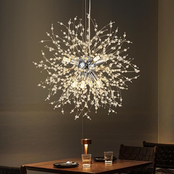 SineRise Modern Crystal Chandeliers Firework, Crystal Light Fixture, Dandelion Chandelier (8-Light, Chrome) for Foyer Hallway Entryway Kitchen Bedroom with Plug in (Bulbs Not Included)