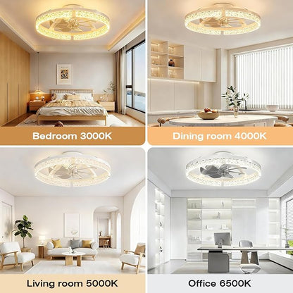 StarryEver 20" Modern Ceiling Fans with Lights, 3000-6500K Dimmable Flush Mount LED Fan Light with Remote and 6 Speeds Fan, Low Profile Ceiling Fans for Bedroom, Living Room, Kids, Kitchen, White