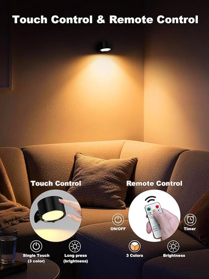 Smiling Shark Wireless Wall Lights, Rechargeable Wall Lights LED Set of 2 360° Rotate Magnetic 3 Color & 4 Brightness Stepless Dimming Adhesive Rechargeable Wall Sconces for Bedroom Bedside, Black