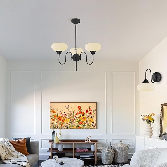 BOKT 3 Light French Chandeliers for Dining Room, Black Farmhouse Chandelier for Bedroom, Small Chandelier with Milk White Bowl Glass Shades