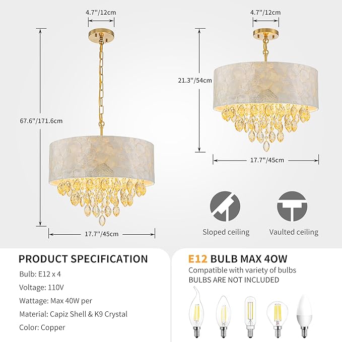 4-Light Drum Capiz Shell Crystal Chandelier, Coastal Style Pendant Light Fixture for Dining Room, Living Room, D18 x H21~68 inch (Height Adjustable), Champagne Crystal & Gold Finish