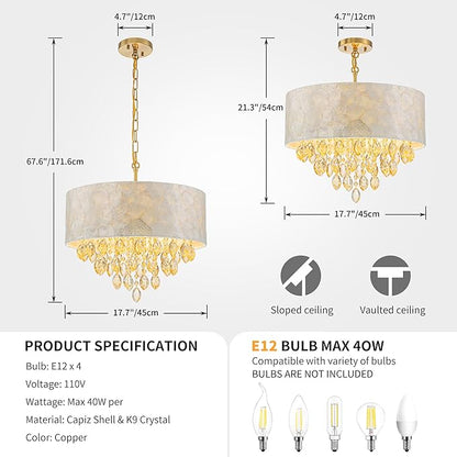 4-Light Drum Capiz Shell Crystal Chandelier, Coastal Style Pendant Light Fixture for Dining Room, Living Room, D18 x H21~68 inch (Height Adjustable), Champagne Crystal & Gold Finish
