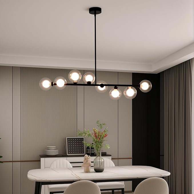 Black Sputnik Chandelier, 8 Lights Modern Bubble Chandelier with Double Glass Lampshade, Mid Century Globe Pendant Lights for Dining Room Kitchen Island - Black