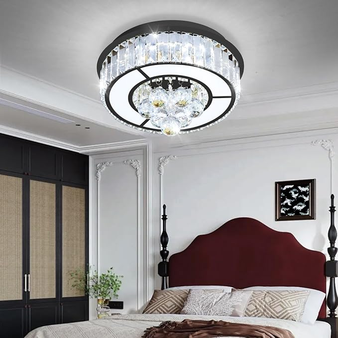 11.8" Black Modern Crystal Chandeliers for Dining Room LED Dimmable Light Fixtures Flush Mount Light Living Room Bedrooms