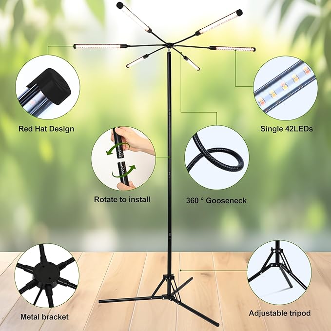 FECiDA 2026 6Head Grow Lights with Upgraded Stand, Big Coverage Grow Lights for Indoor Large Plants, Bonsai Tree, 4/8/12/16/20 Hr Timer, 54 Watt Power Draw, NO Need Adapter, 24"-76" Height Adjustable
