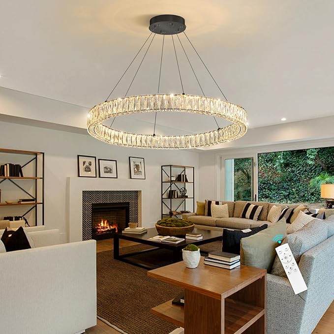 HAIXIANG Modern Crystal Chandelier Dimmable LED Ring Pendant Chandeliers Light Adjustable Glam Hanging Lighting Fixtures for Dining Room Living Room Bedroom Black Light