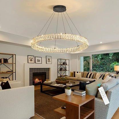 HAIXIANG Modern Crystal Chandelier Dimmable LED Ring Pendant Chandeliers Light Adjustable Glam Hanging Lighting Fixtures for Dining Room Living Room Bedroom Black Light