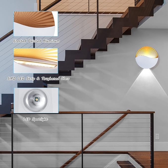 Kawell Modern Creative 12W LED Wall Sconce Waterproof Wall Light Indoor Outdoor Wall Lamp Sunrise Effect Art Deco for Bedroom Living Room Bathroom Cafe Lounge Corridor Stairs,White 6000K