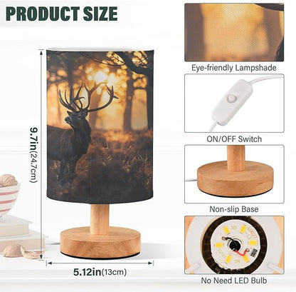Table Lamp Deer in Sunrise Forest Nightstand Lamp with Wood Base Fabric Lamp Shade Bedside Desk Lamp for Living Room Bedroom Kids Room Office