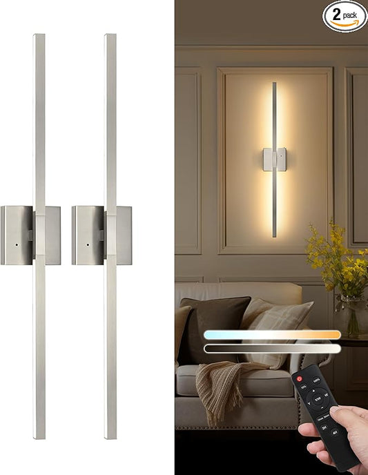 Rayogale Rechargeable Battery Operated Wall Sconce Set of Two, 24 Inch, Cordless, 3000K/4500K/6000K, Dimmable, Timer, Remote, Touch Control, USB-C Charging, 360° Rotation for Living Room Sand Nickel