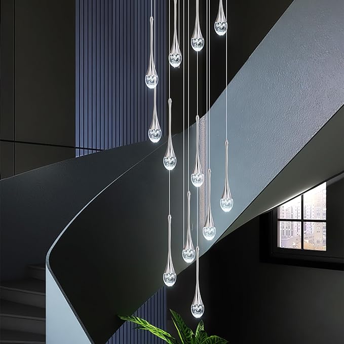 Modern Crystal Staircase Chandelier Polished Chrome 12-Lights, H120'' Large High Ceiling Spiral Dimmable LED Raindrop Foyer Entryway Light Fixture Remote Control