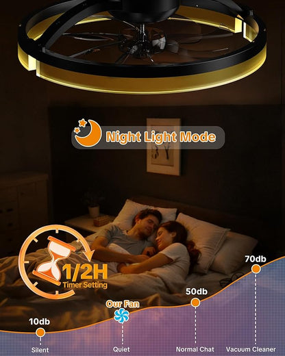 Ceiling Fans with Lights and Remote Low Profile Flush Mount LED Ceiling Fan with Lights 3000K-6500K Dimmable Foldable Fandelier Light 6 Wind Speeds Night Light for Bedroom Living Room Black