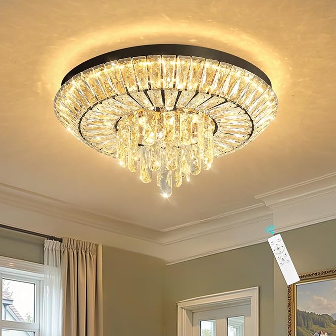 Crystal Chandelier 40W Modern Round Ceiling Light Fixture LED Raindrop Chandeliers Dimmable with Remote for Dining Room Living Room Entryway Hallway Bedroom Black