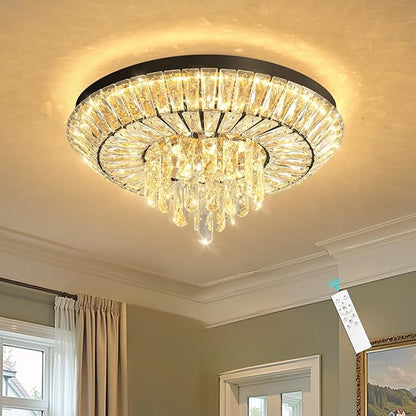 Crystal Chandelier 40W Modern Round Ceiling Light Fixture LED Raindrop Chandeliers Dimmable with Remote for Dining Room Living Room Entryway Hallway Bedroom Black