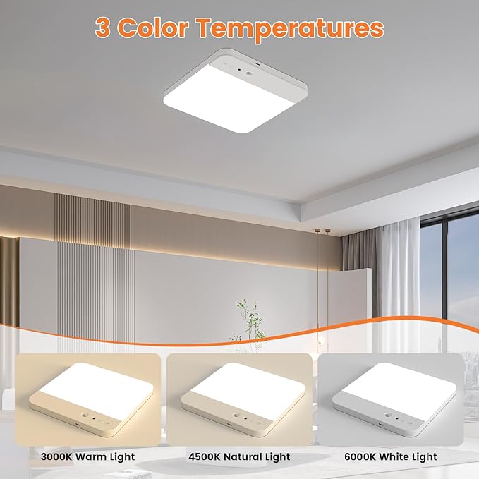 Rechargeable Motion Sensor Ceiling Light Fixture, 7.8inch Dimmable 3000K/4500K/6500K Adjustable Square White Closet Light for Hallway Bathroom Kitchen, Timer, 500LM,RA80