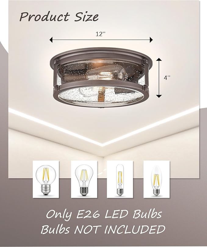 Flush Mount Ceiling Light, 2-Light Oil Rubbed Bronze Ceiling Light Fixture, Flush Mount Light with Seeded Glass Shade for Kitchen, Hallway, Bedroom (12 Inch)
