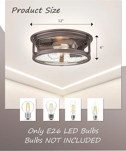 Flush Mount Ceiling Light, 2-Light Oil Rubbed Bronze Ceiling Light Fixture, Flush Mount Light with Seeded Glass Shade for Kitchen, Hallway, Bedroom (12 Inch)