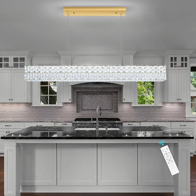 Rectangular Crystal Chandelier Glam Dimmable LED Crystal Chandeliers for Dining Room Linear Pendant Light with Remote Control for Kitchen Island Gold