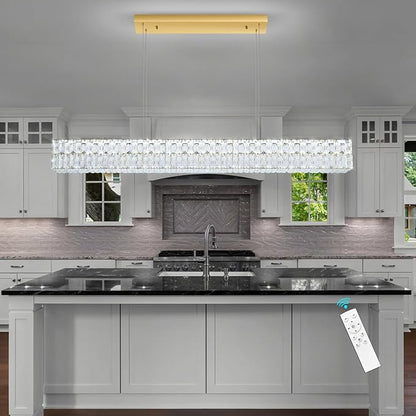 Rectangular Crystal Chandelier Glam Dimmable LED Crystal Chandeliers for Dining Room Linear Pendant Light with Remote Control for Kitchen Island Gold