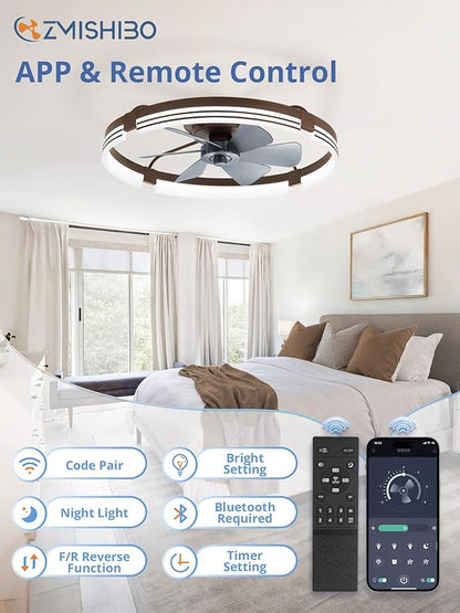 ZMISHIBO 24 Inch Low Profile Ceiling Fans with Lights and Remote, 3000K-6000K Dimmable Fandelier LED Fan Light, Flush Mount Ceiling Fan with Light, 6 Wind Speeds Ceiling Fans for Bedroom- Brown