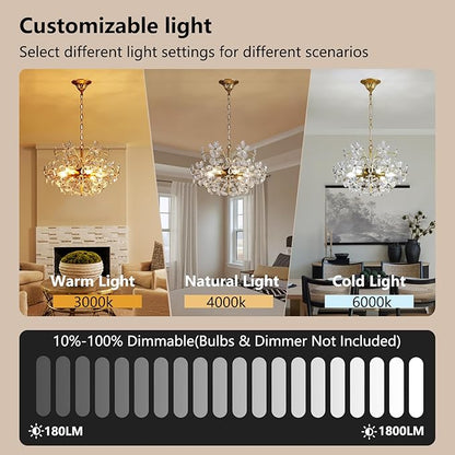 6-Light Gold Flower Crystal Chandelier 18'' Hanging Light Fixture with Height Adjustable Chain Farmhouse Chandelier for Dining Room, Living Room, Kitchen, Bedroom, Entryway, E12 Base (AJ9011)