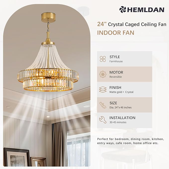 24" Modern Crystal Caged Fandelier, Smart Chandelier Fan with Remote and APP Control, Double Layer Ceiling Fan with Light for Dining Living Room Bedroom, Italian Design-Gold
