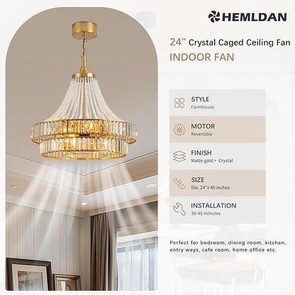 24" Modern Crystal Caged Fandelier, Smart Chandelier Fan with Remote and APP Control, Double Layer Ceiling Fan with Light for Dining Living Room Bedroom, Italian Design-Gold