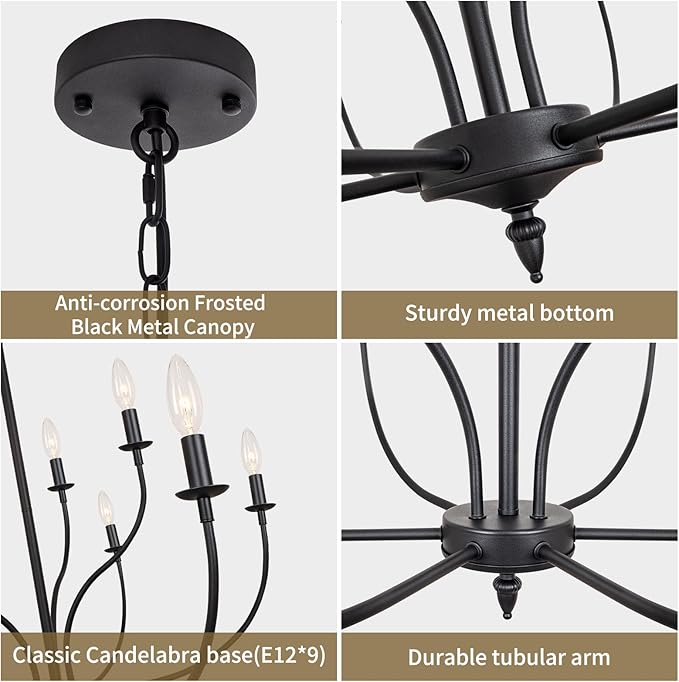 Black Chandelier, 9-Light Farmhouse Chandelier for Dining Room Lighting Fixtures Hanging, 2-Tier French Country Candle Chandeliers for Living Room Bedroom Foyer(Frosted Black)